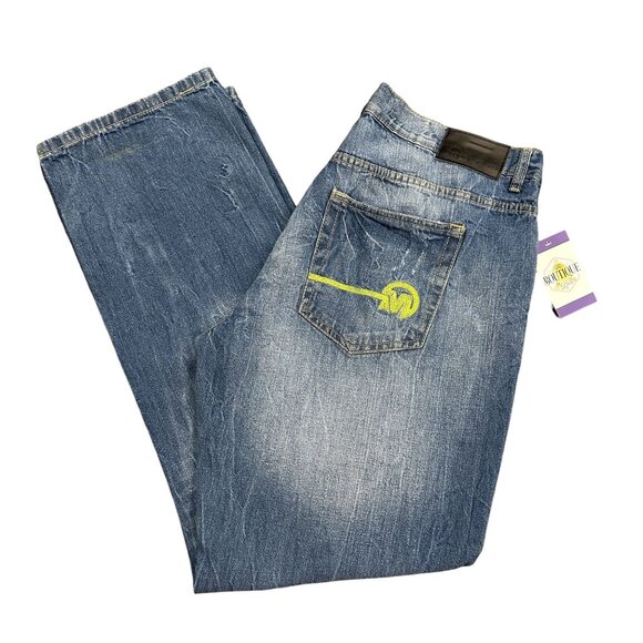 Mecca Mens 38x32 Straight Leg Blue Jeans Light Wash Denim Embroidered Faded